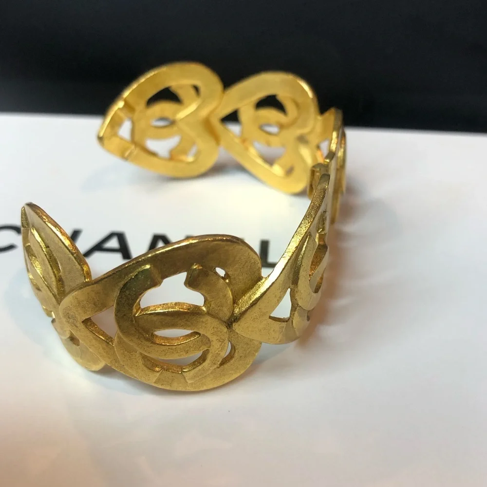 CHANEL Gold Statement Cuff Bracelet Interlocking CC Open Heart Design w/ Box